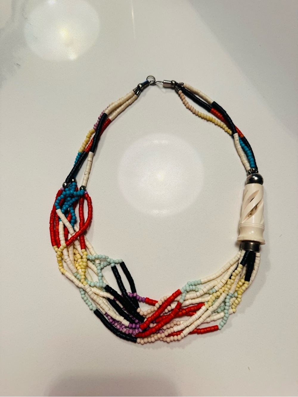 Multicolor Seed-Bead Necklace with Ivory-Tone Focal Accent. BEAUTIFUL handmade - Picture 2 of 4